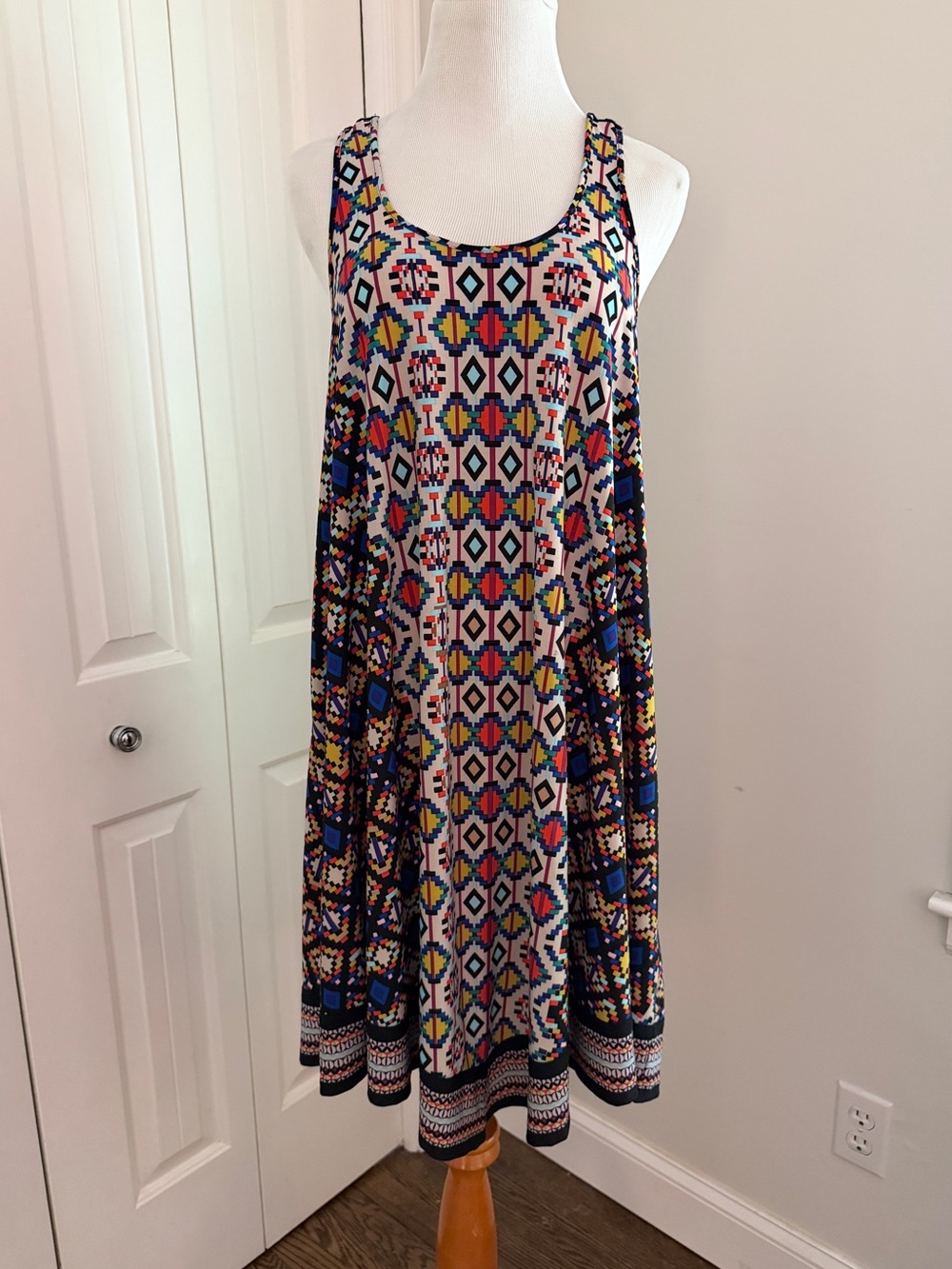 Multicolor Geometric Midi Dress - Sleeveless Summer Swing